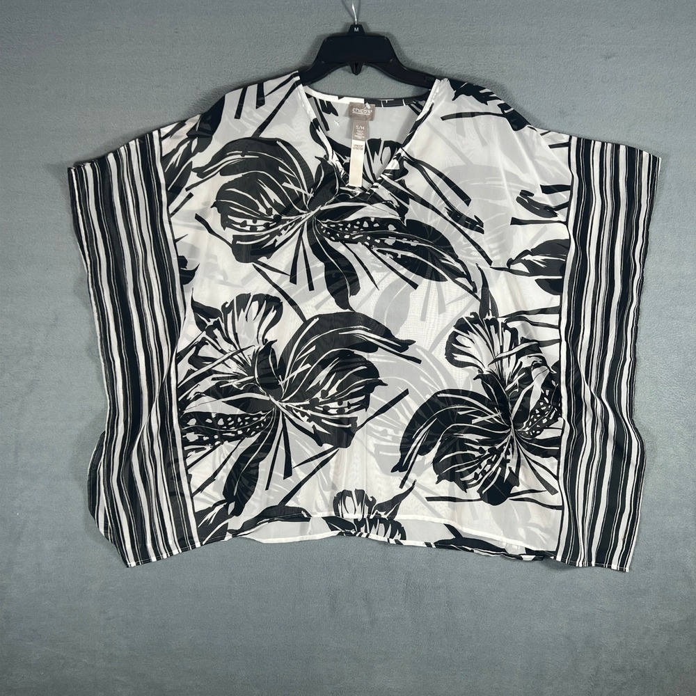 Chico's Women Poncho Top S/M Black White Floral Striped Relaxed Short Sleeve